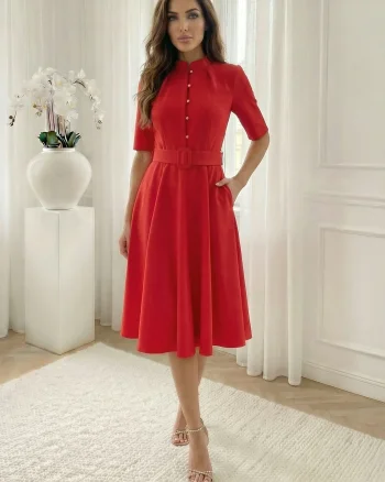Rochie midi eleganta rosie cu na...