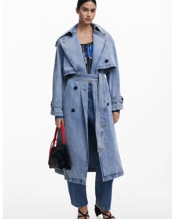 Palton lung din denim, Albastru deschis melange