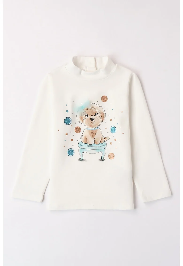 Bluza cu imprimeu si strasuri, Alb fildes/Maro deschis/Albastru deschis