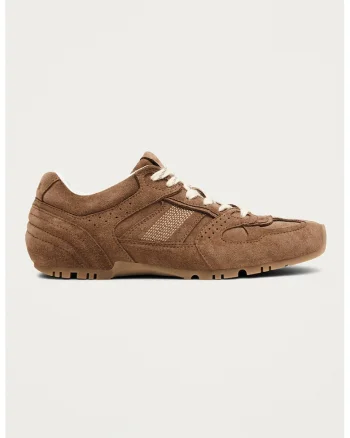 Pantofi sport din piele intoarsa cu detalii perforate, Maro