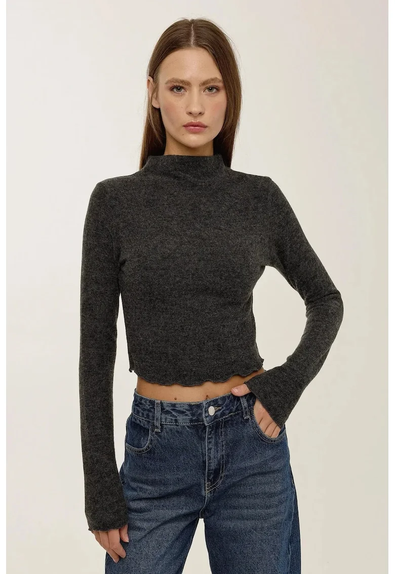 Bluza dama,  texturata, guler inalt, gri, acril