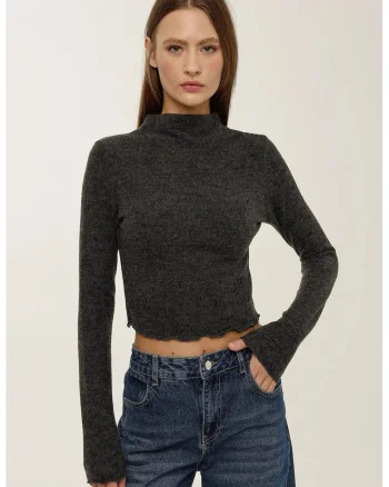 Bluza dama,  texturata, guler inalt, gri, acril
