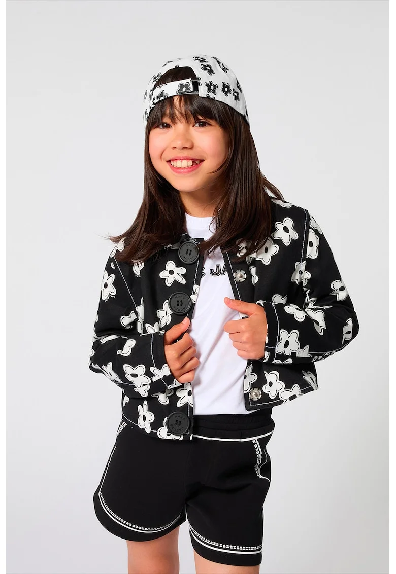 Tricou cu decolteu la baza gatului si detalii florale, Alb/Negru