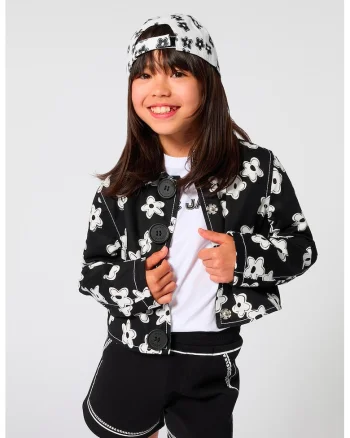 Tricou cu decolteu la baza gatului si detalii florale, Alb/Negru