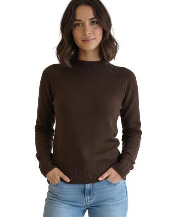 Pulover dama  model M1269, guler semirulat, croiala ajustata, maro, tricot cu elastan
