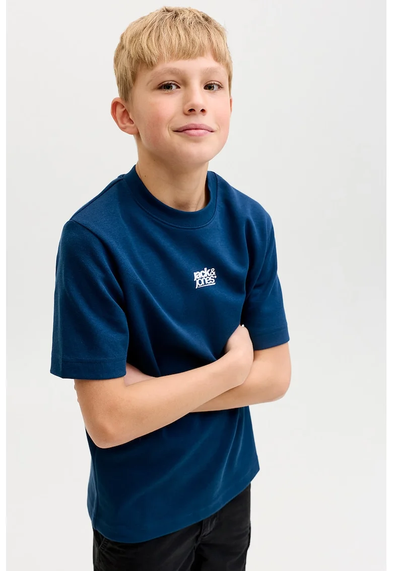 Tricou din bumbac cu imprimeu grafic si logo, Albastru,