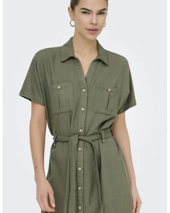 Rochie-camasa din amesec de in cu maneci scurte, Verde