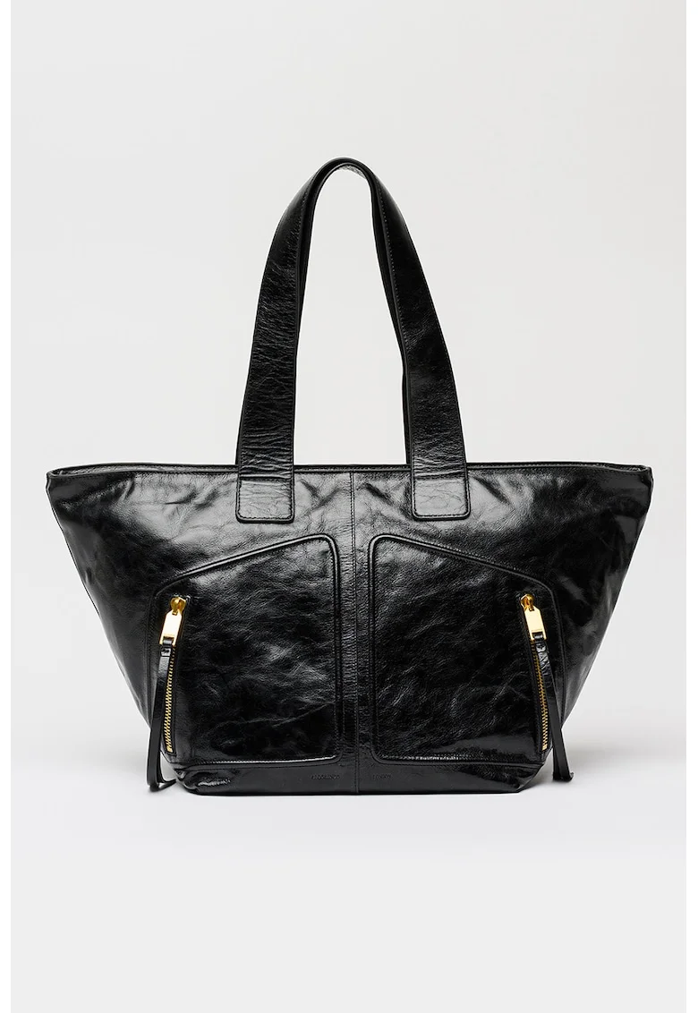 Geanta shopper de piele cu doua buzunare exterioare cu fermoar Jean Rey, Negru antracit