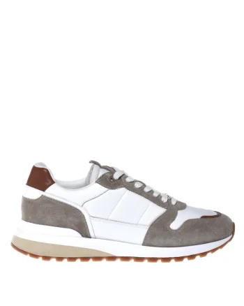 Pantofi sport cu garnituri de piele si insertii textile, Alb/Maro taupe