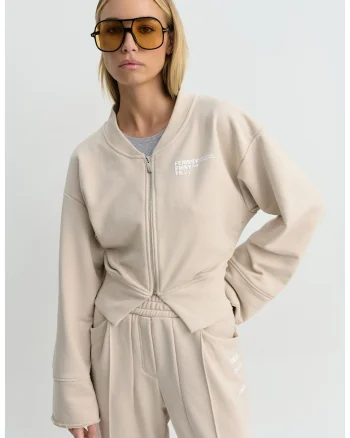 Bluza sport cu fermoar si maneci cazute, Bej, Bej