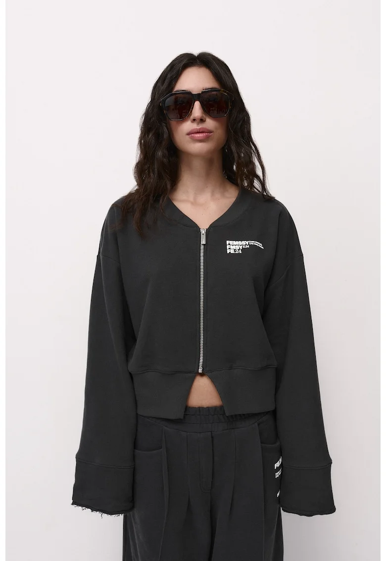 Bluza sport cu fermoar si maneci cazute, Negru, Negru
