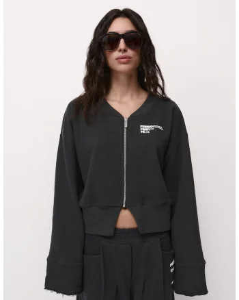 Bluza sport cu fermoar si maneci cazute, Negru, Negru