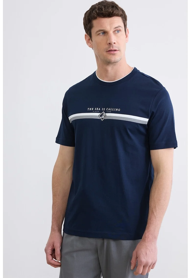 Tricou de bumbac cu imprimeu text, Alb/Gri cenusiu/Bleumarin