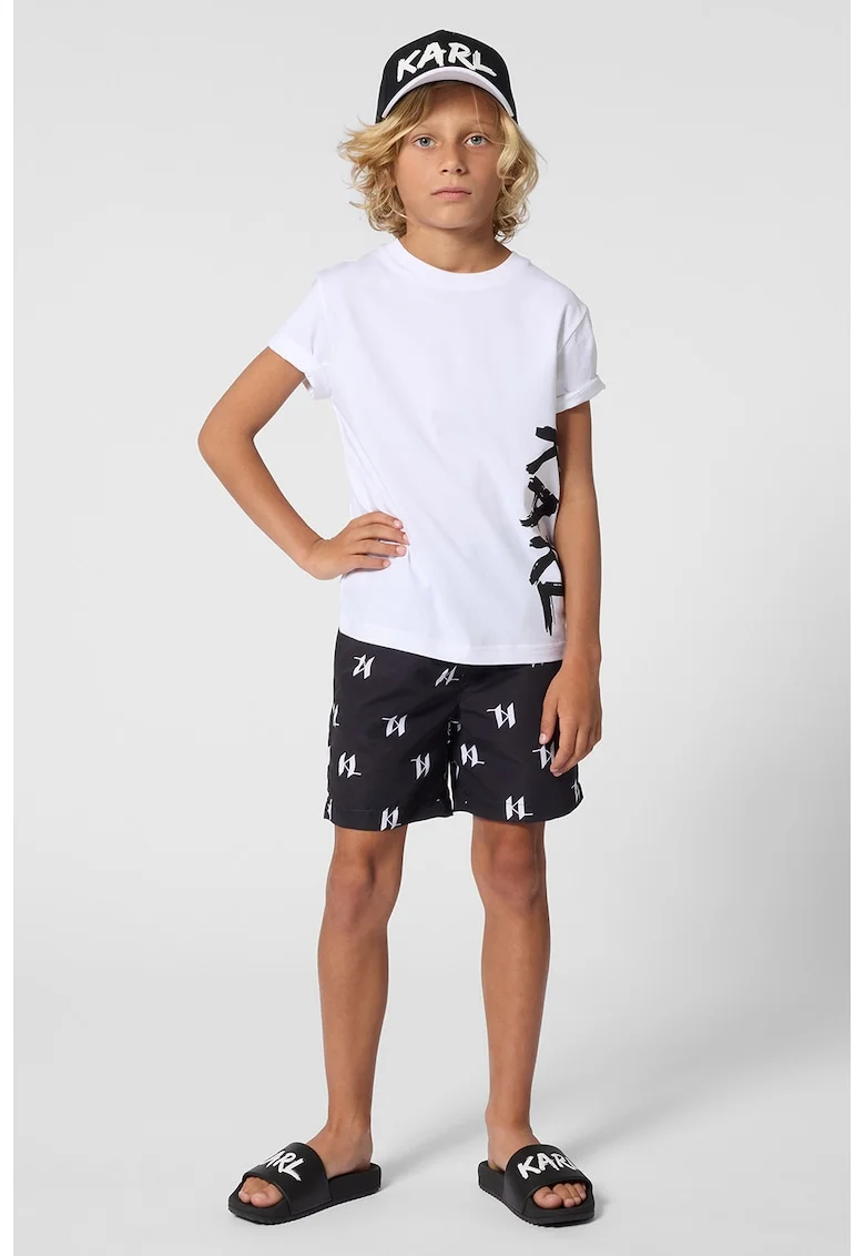 Tricou cu imprimeu logo, Negru stins/Alb optic