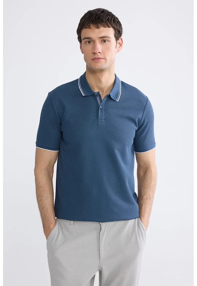 Tricou polo din amestec de bumbac cu terminatii contrastante, Albastru indigo