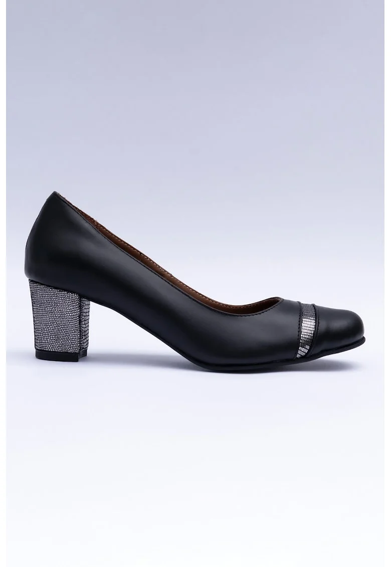 Pantofi de piele cu varf rotund si toc cu model, Negru