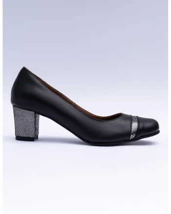 Pantofi de piele cu varf rotund si toc cu model, Negru