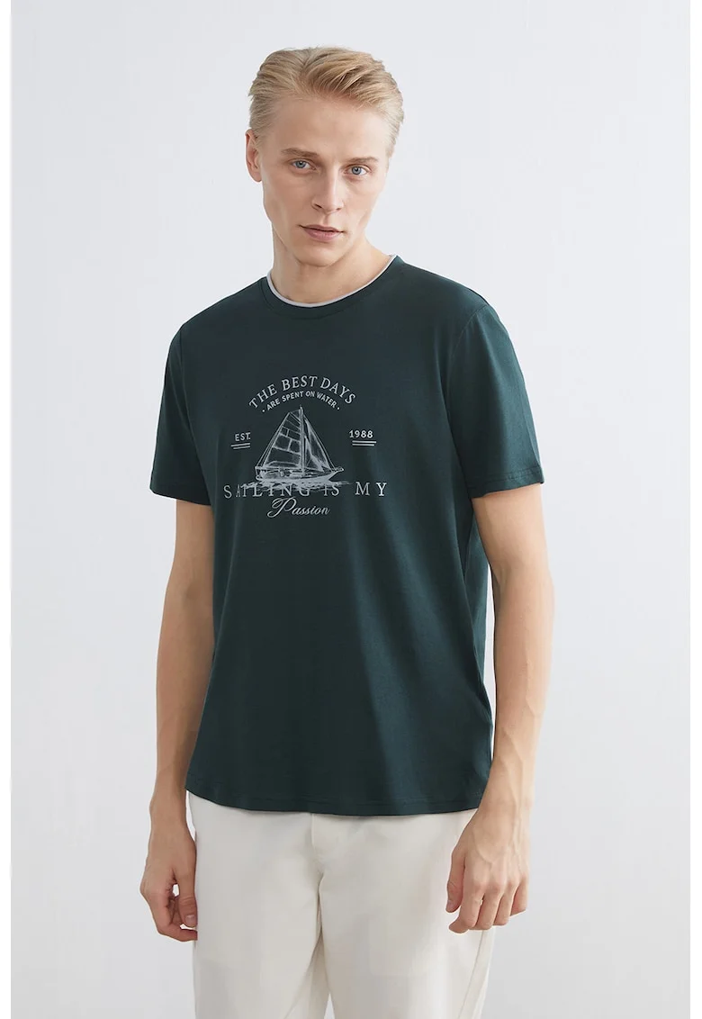 Tricou de bumbac cu imprimeu pe piept, Alb/Verde englez