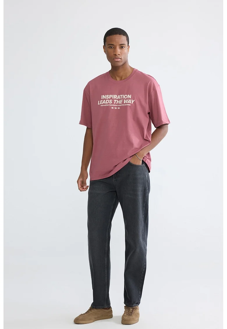 Tricou lejer de bumbac cu imprimeu text, Roz zmeuriu/Alb murdar