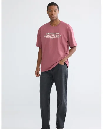 Tricou lejer de bumbac cu imprimeu text, Roz zmeuriu/Alb murdar
