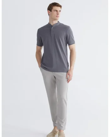 Tricou de bumbac cu guler Mao, Gri inchis