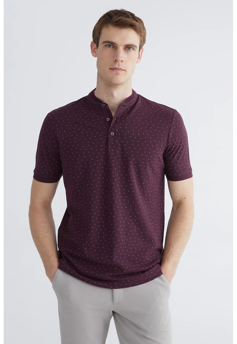 Tricou de bumbac cu guler Mao, Violet pruna