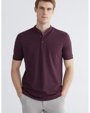 Tricou de bumbac cu guler Mao, Violet pruna