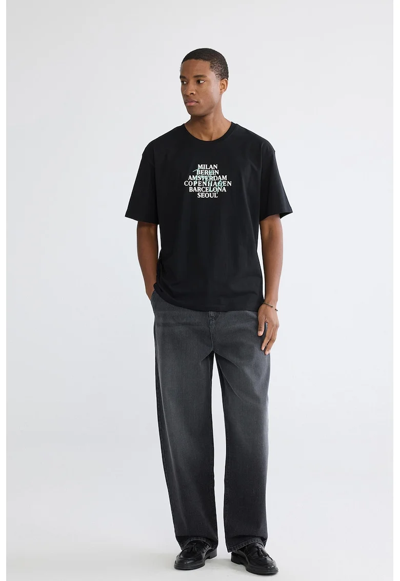 Tricou lejer de bumbac cu imprimeu text, Alb/Negru/Albastru aquamarin