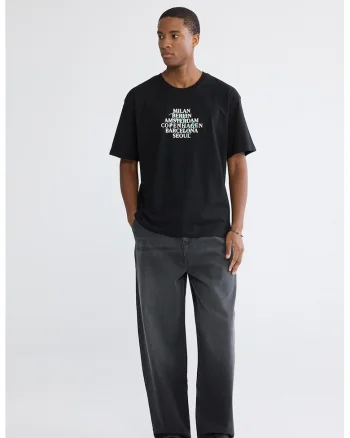 Tricou lejer de bumbac cu imprimeu text, Alb/Negru/Albastru aquamarin