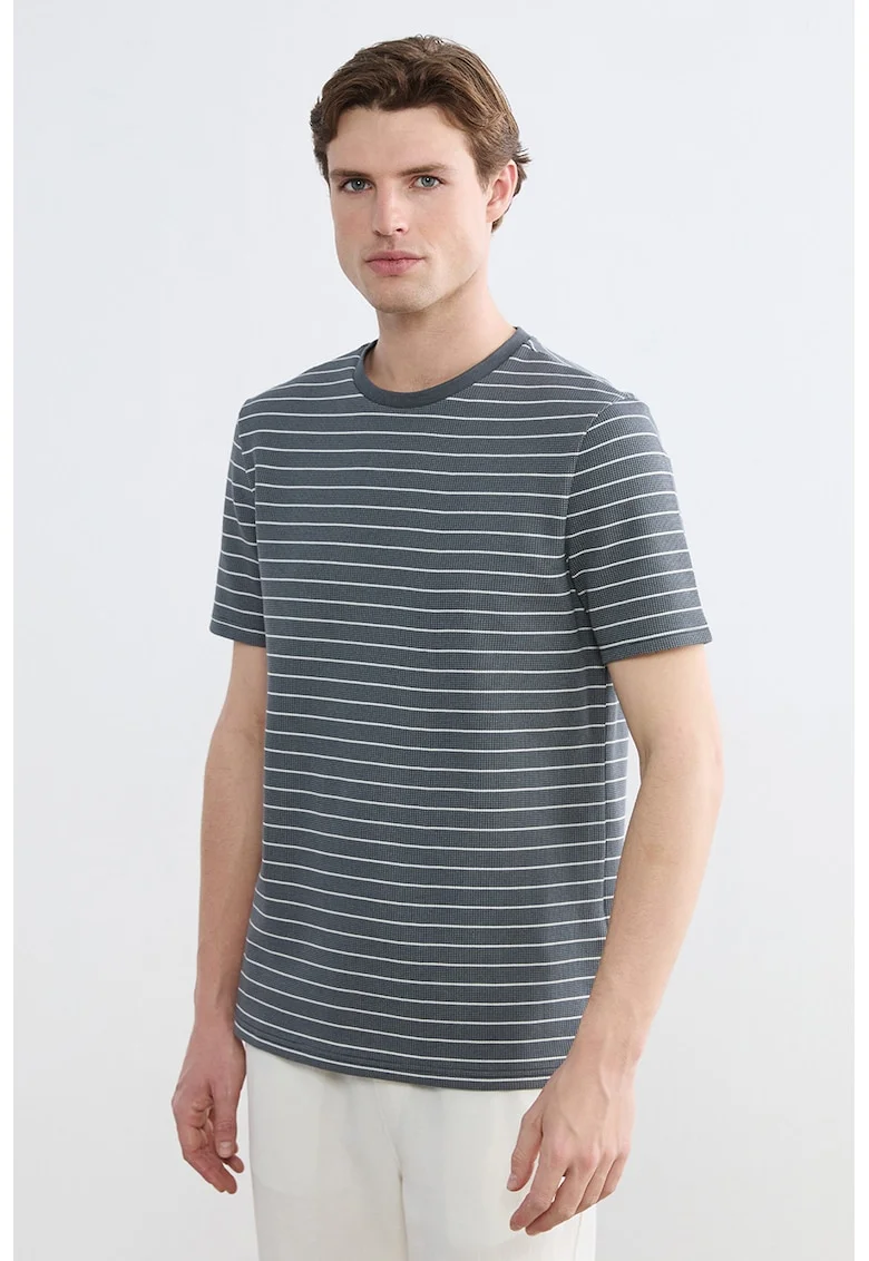 Tricou cu dungi si decolteu la baza gatului, Alb/Gri inchis