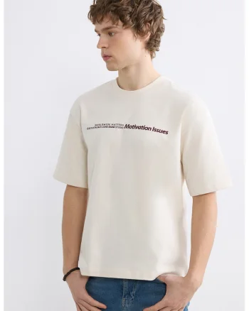 Tricou de bumbac cu text brodat, Visiniu/Alb fildes