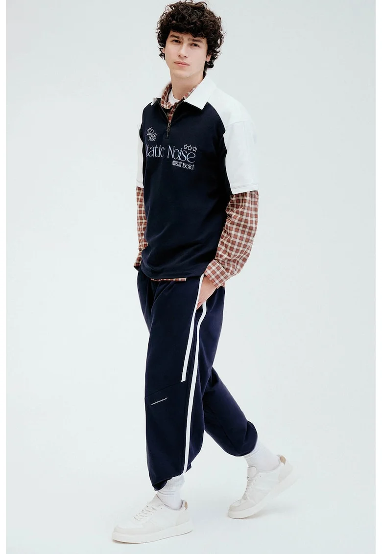 Pantaloni de trening cu linii contrastante, Alb/Gri carbune