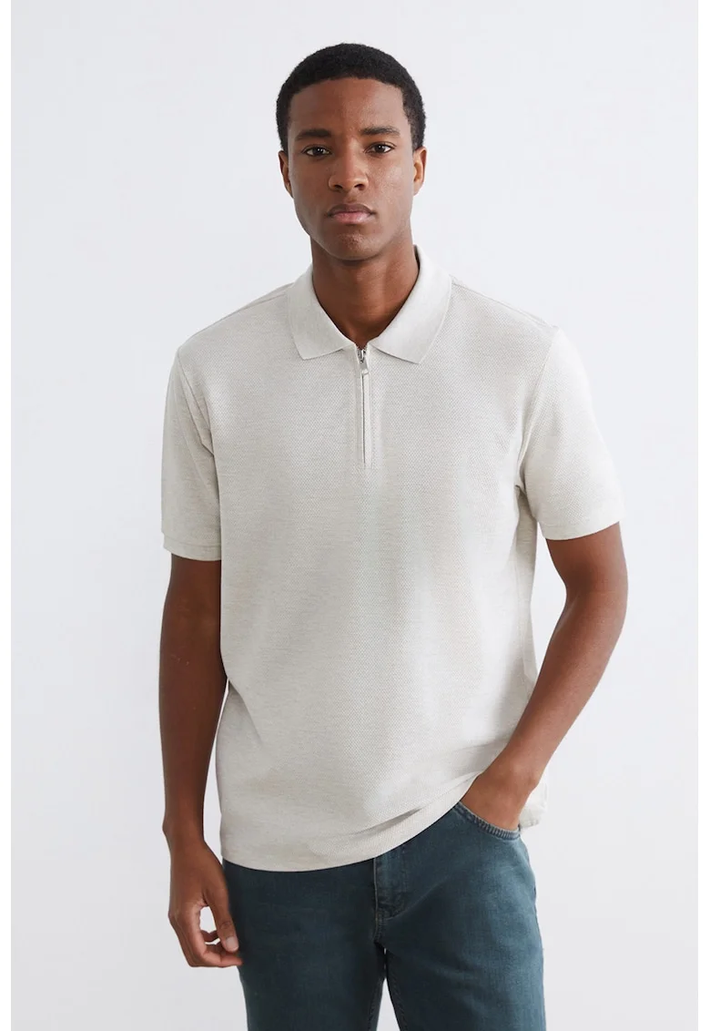Tricou polo cu fenta cu fermoar, Alb fildes