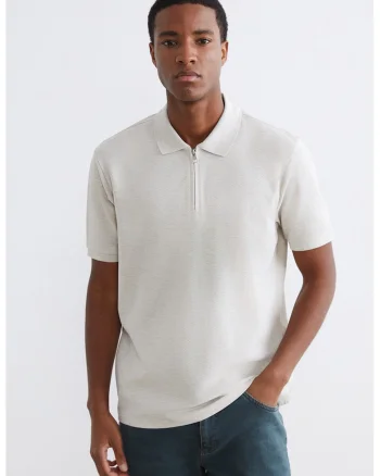 Tricou polo cu fenta cu fermoar, Alb fildes