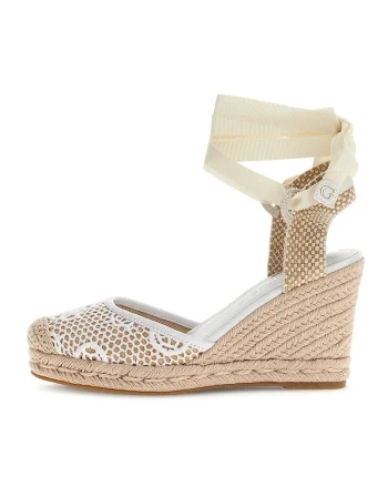 Sandale cu talpa wedge si snururi petrecute, Alb/Bej