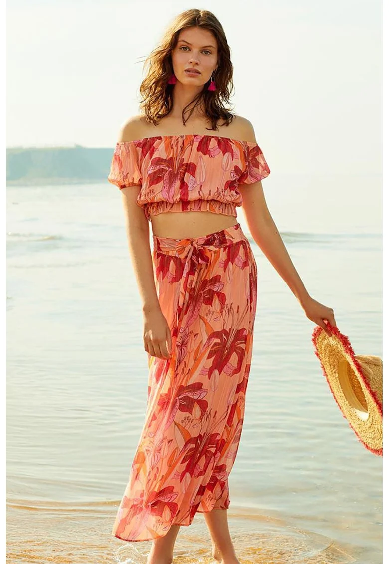 Fusta midi cu model floral, Coral/Rosu deschis