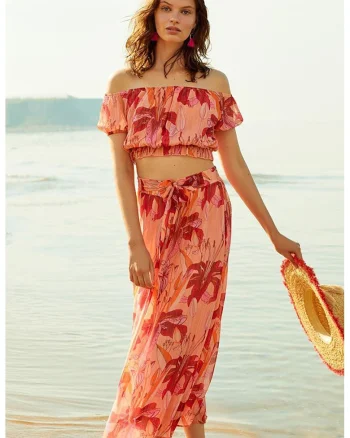 Fusta midi cu model floral, Coral/Rosu deschis