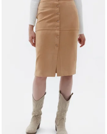 Fusta midi cu nasturi si slit frontal, Maro camel