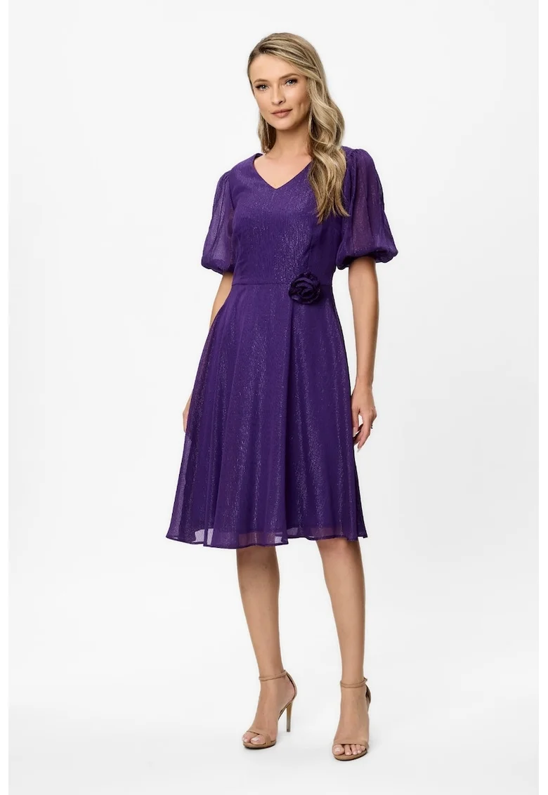 Rochie evazata cu maneci bufante semi-transparente si aplicatie florala Alison, Violet