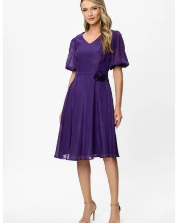 Rochie evazata cu maneci bufante semi-transparente si aplicatie florala Alison, Violet