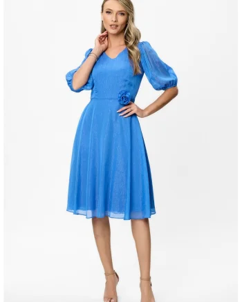 Rochie evazata cu maneci bufante semi-transparente si aplicatie florala Alison, Albastru royal