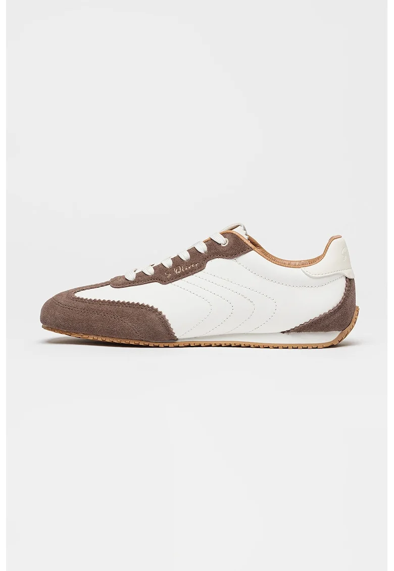 Pantofi sport low-cut din piele cu varf rotund, Maro inchis/Alb optic