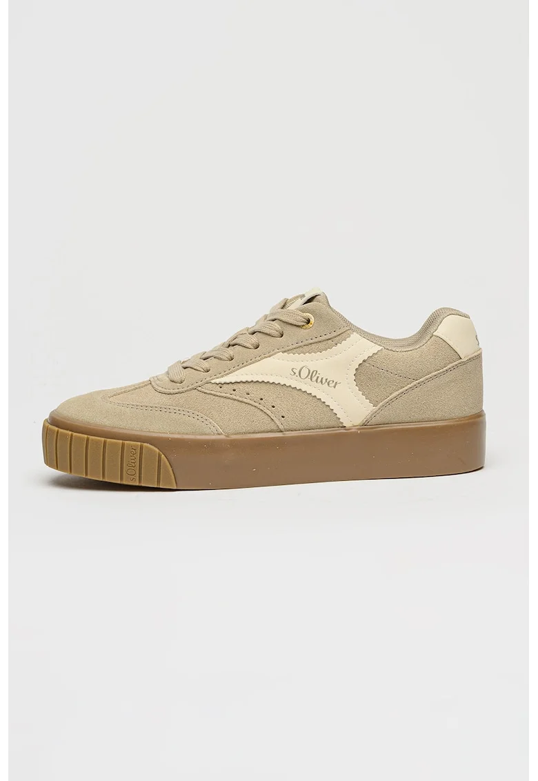 Pantofi sport din piele intoarsa cu garnituri din piele ecologica, Maro taupe deschis