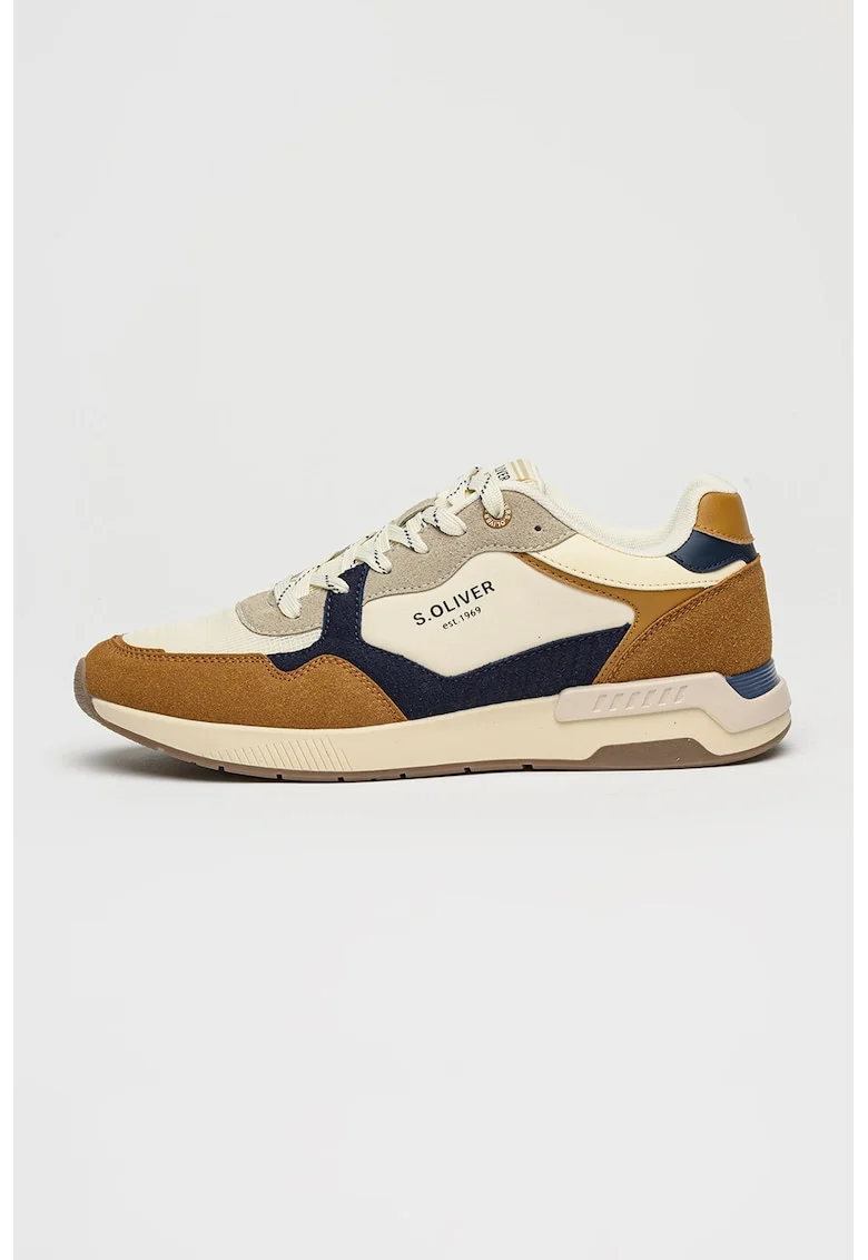 Pantofi sport low-cut cu imprimeu logo lateral, Alb/Caramel/Bleumarin