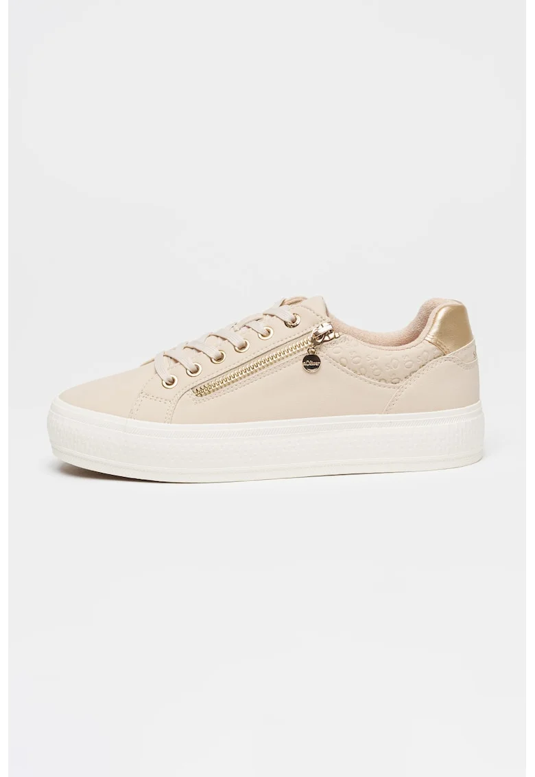 Pantofi sport low cut din piele ecologica, Maro camel/Auriu deschis
