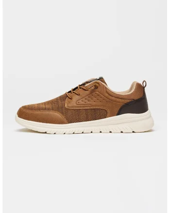 Pantofi sport din piele ecologica si plasa cu sireturi, Gri carbune/Caramel