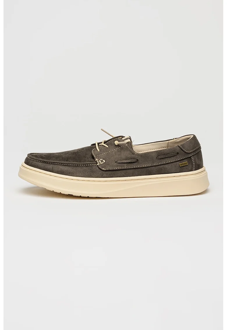 Pantofi boat din piele intoarsa ecologica, Gri/Gri antracit