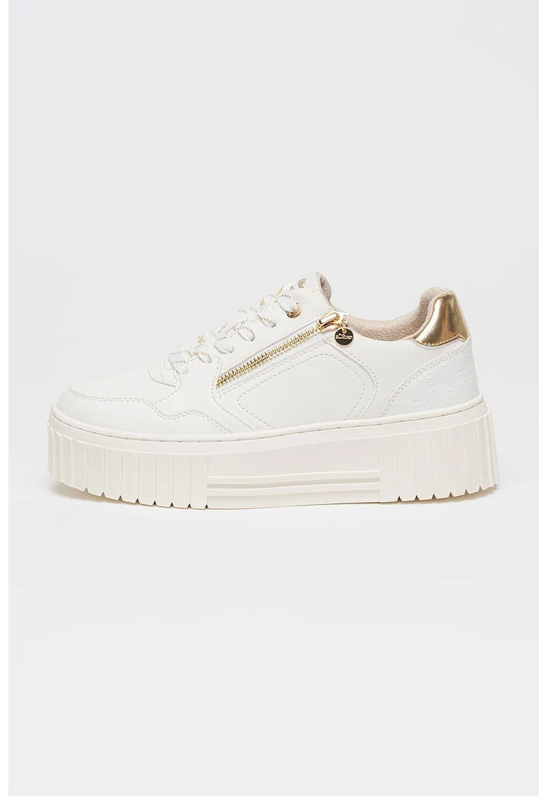 Pantofi sport din piele ecologica cu talpa flatform si detaliu cu fermoar, Alb/Auriu