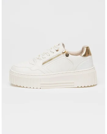 Pantofi sport din piele ecologica cu talpa flatform si detaliu cu fermoar, Alb/Auriu
