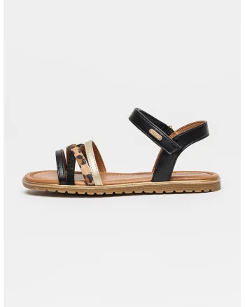 Sandale din piele ecologica cu barete multiple, Negru/Maro nisip